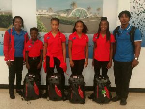 (L-R) Team manager Elizabeth Ibeh; athletes Anthony Chin Jr, Rachell Pascal, Tori-Ann Gonez and Ashantae Graham; and coach Anthony Chin