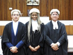 (L-R) Sebastian Said, Appleby counsel; Appolina Bent; and Justice Richard Williams